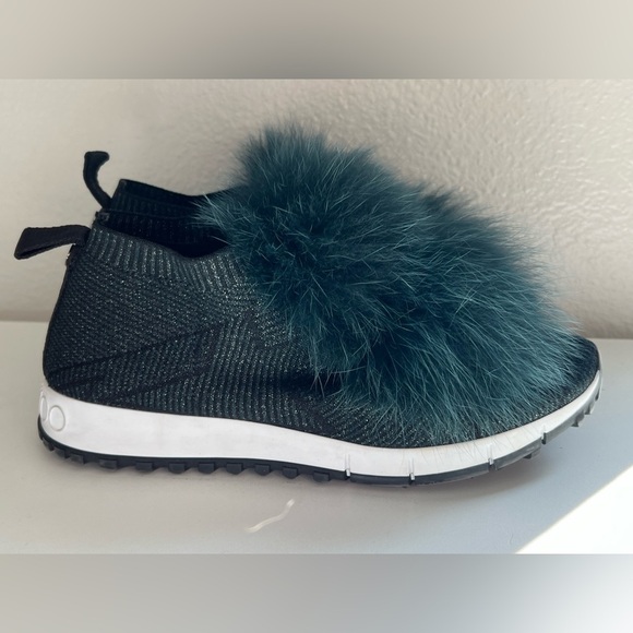 Jimmy Choo Norway Mink Fur & Metallic Green Knit Slip-On Sneakers Size 38 - Picture 3 of 12